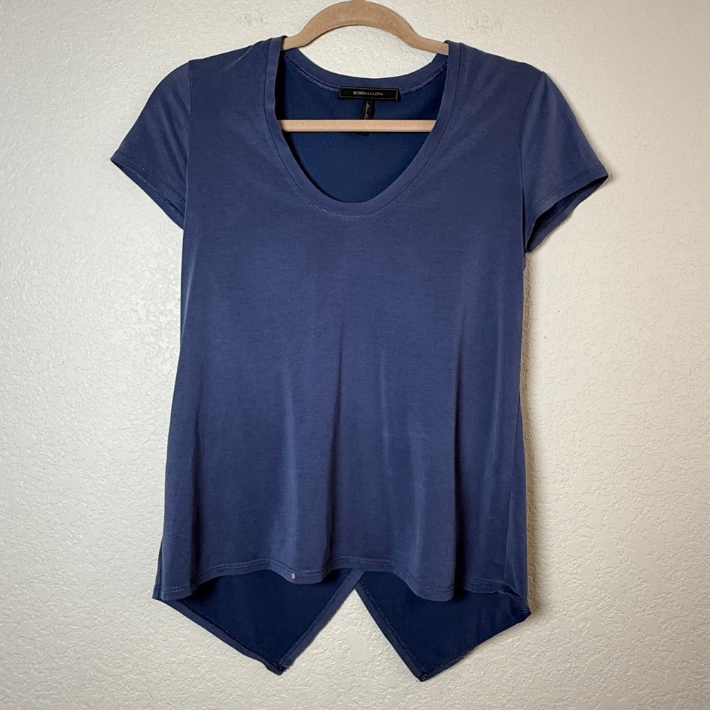 BCBGMAXAZRIA XS Blue Tulip Hem Short‎ Sleeve Top Casual Blouse